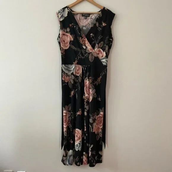 NEW Artizan Robin Barre Black Pink Floral Crop Stretch Jumpsuit Size Large (2D) - Picture 4 of 6